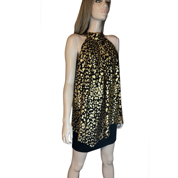 Wrapper Halter Dress Gold Metallic Animal Print Party Cocktail Flowy Overlay - Picture 3 of 15